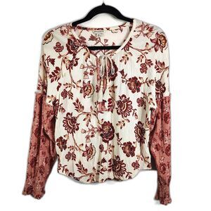 FRYE Boho Floral Top Cream Red Rayon Tie Neck Long Sleeve Medium Women's Shirt